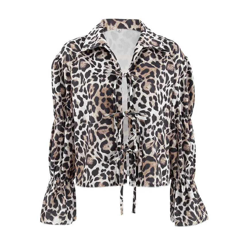 Leopard Print Shirt With Tie-Up Neck Bow