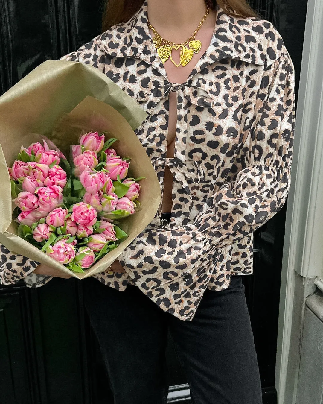Leopard Print Shirt With Tie-Up Neck Bow
