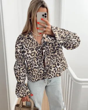 Leopard Print Shirt With Tie-Up Neck Bow