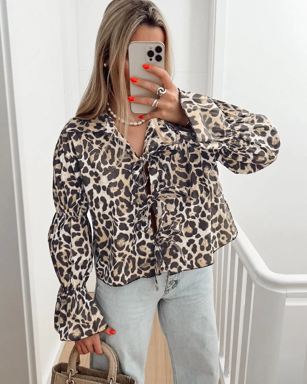 Leopard Print Shirt With Tie-Up Neck Bow