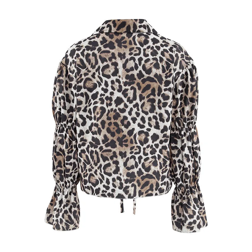 Leopard Print Shirt With Tie-Up Neck Bow