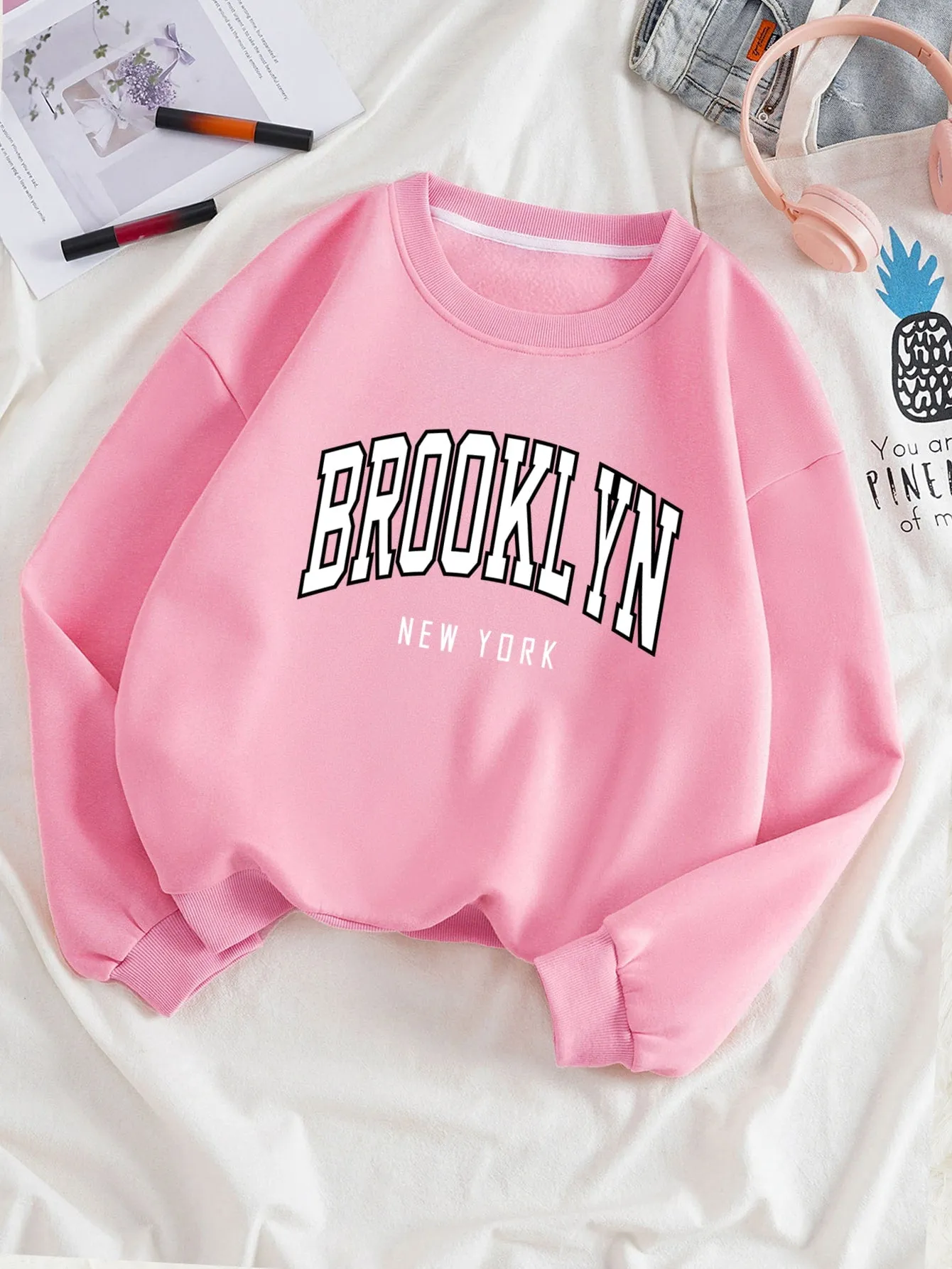 Letter Graphic Thermal Lined Sweatshirt,Long Sleeve Tops