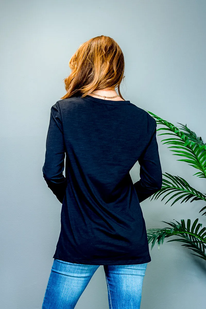 Long Sleeve Crew Neck Tunic Top with Contrast Tassel Bib Decor (LT23692)