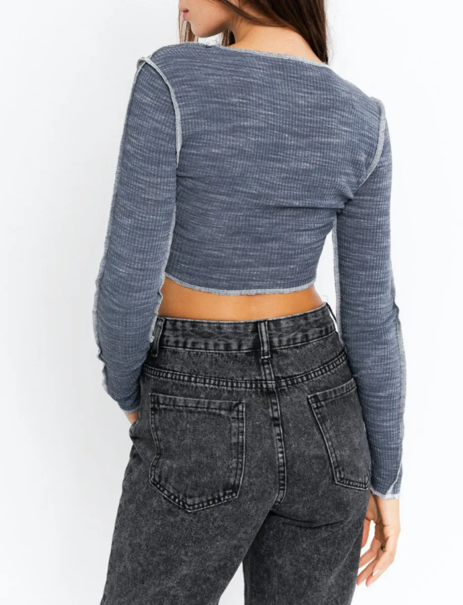 Long Sleeve Exposed Stitch Crop Top