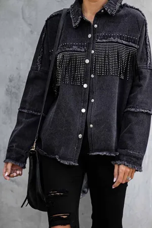 Long Sleeve Fringed Denim Jacket Tops