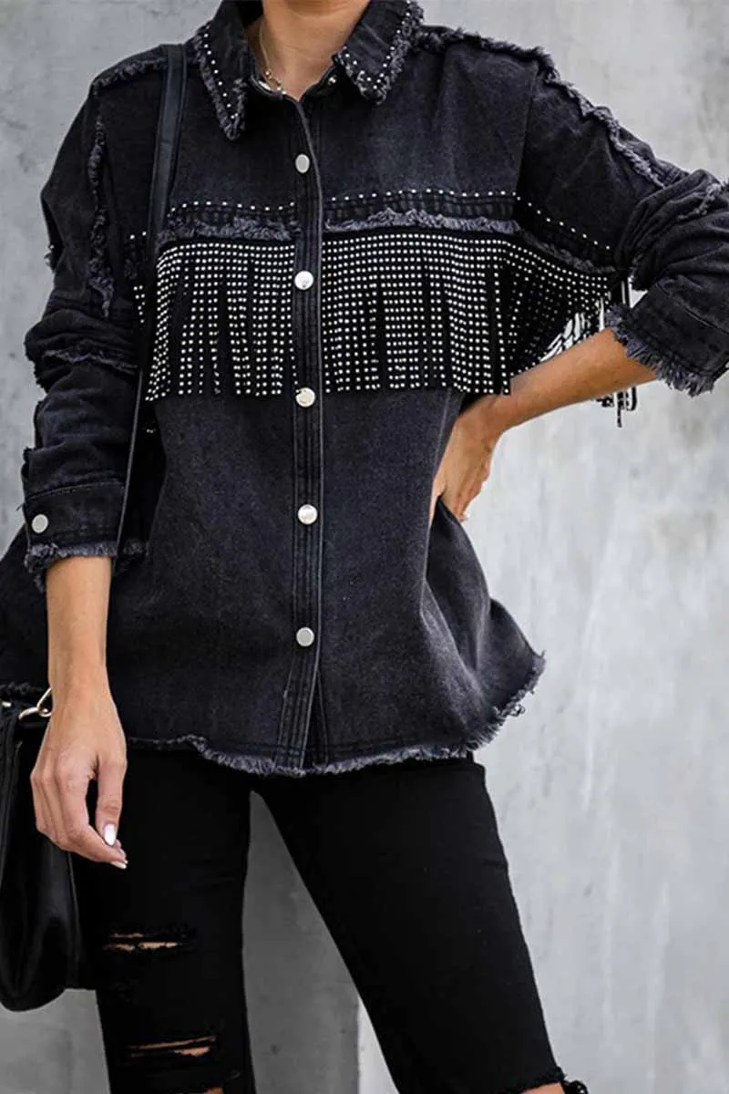 Long Sleeve Fringed Denim Jacket Tops