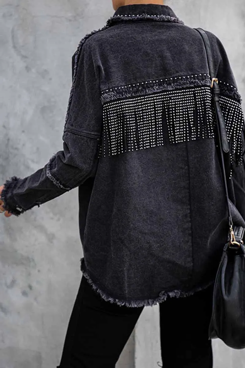Long Sleeve Fringed Denim Jacket Tops