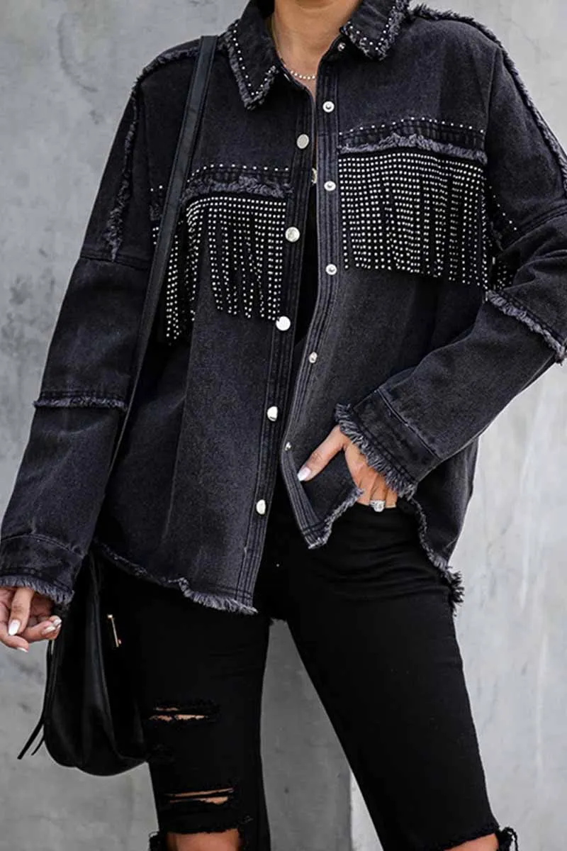 Long Sleeve Fringed Denim Jacket Tops