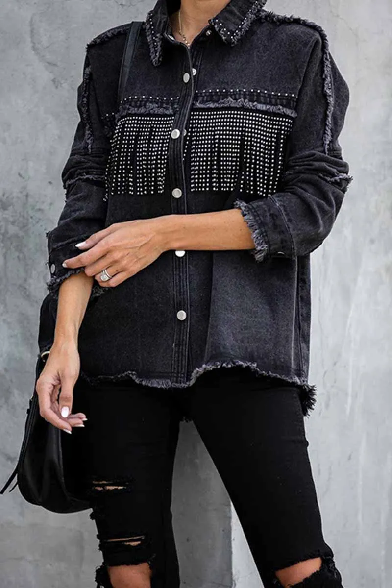 Long Sleeve Fringed Denim Jacket Tops