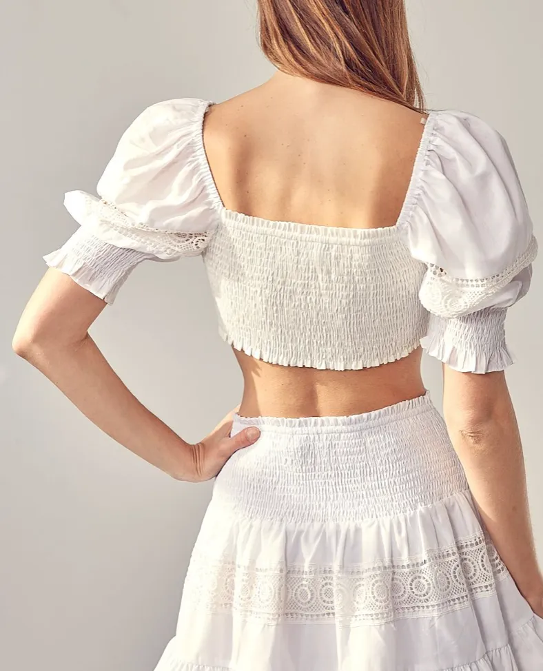 Macramé Short Sleeve Tie Crop Top