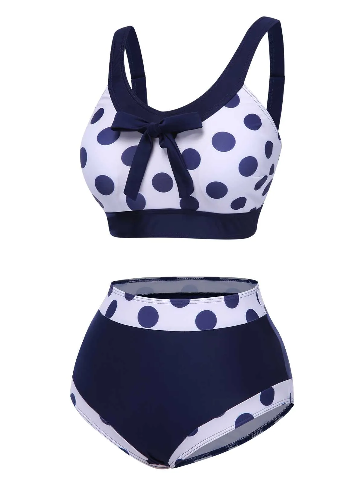 Maillot de bain taille haute à pois bleu marine des années 50