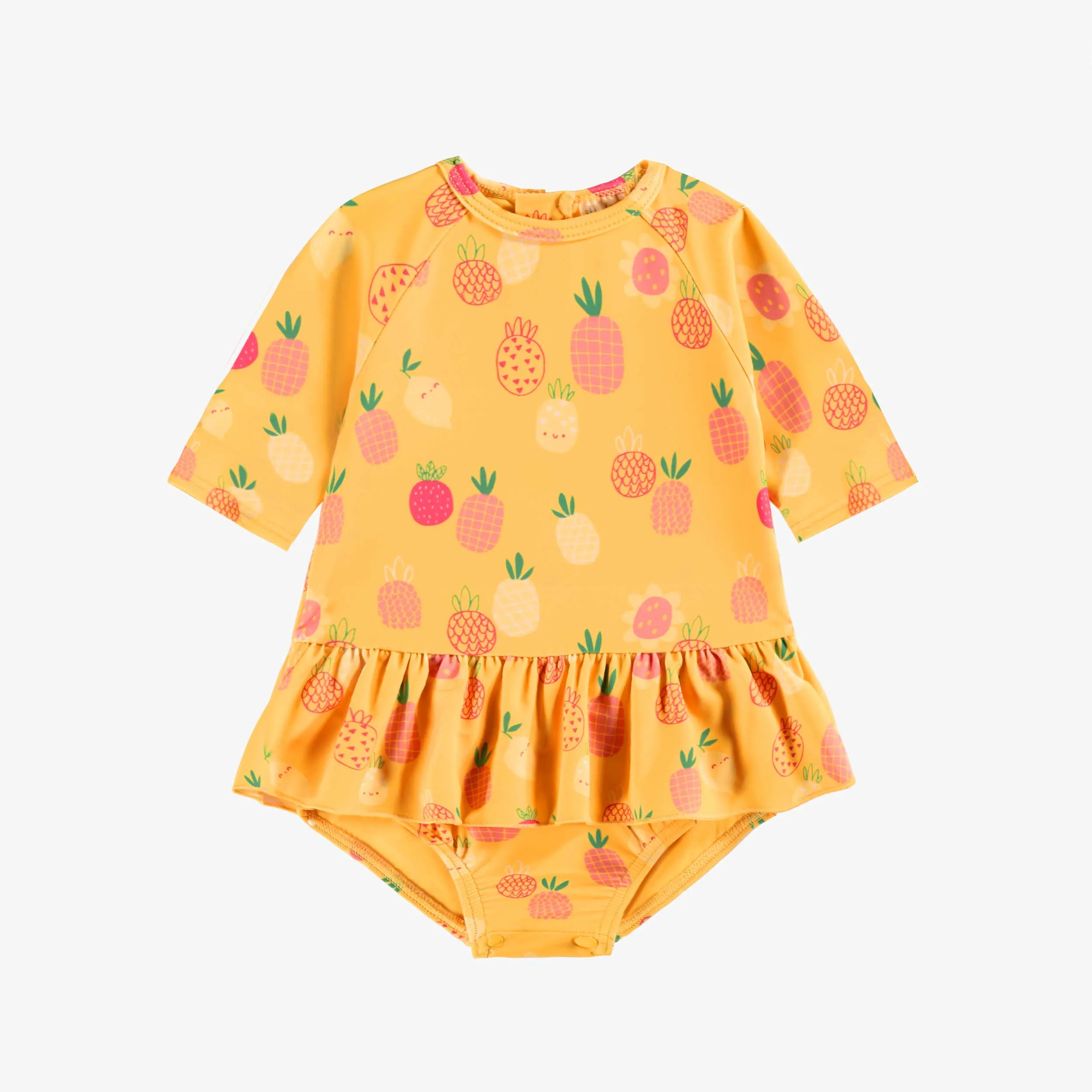 Maillot de bain une-pièce jaune à motifs de fruits, bébé || Yellow one-piece swimsuit with fruit all over print, baby