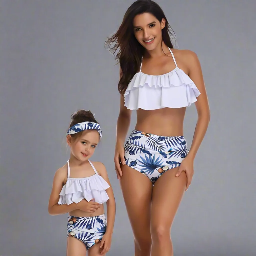 Matching Mother-Daughter Tropical Leaf Ruffle Bikini Set - High-Waisted Swimsuit with Headband