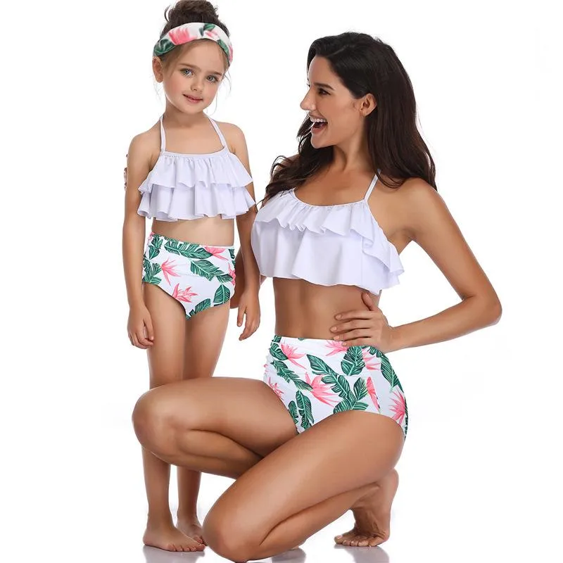 Matching Mother-Daughter Tropical Leaf Ruffle Bikini Set - High-Waisted Swimsuit with Headband