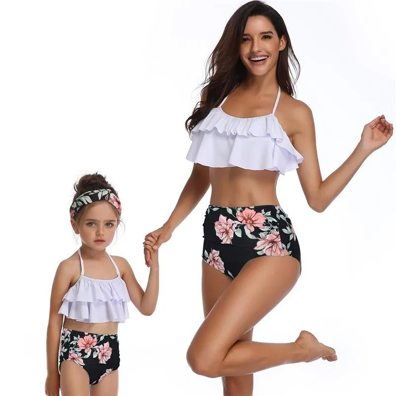 Matching Mother-Daughter Tropical Leaf Ruffle Bikini Set - High-Waisted Swimsuit with Headband