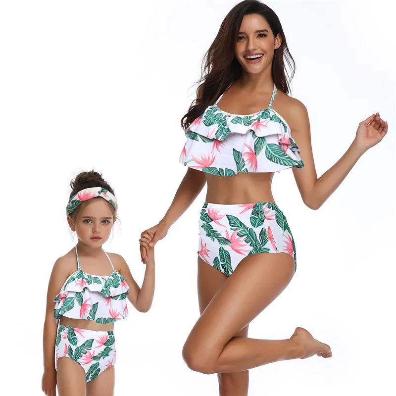 Matching Mother-Daughter Tropical Leaf Ruffle Bikini Set - High-Waisted Swimsuit with Headband