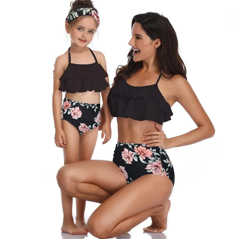 Matching Mother-Daughter Tropical Leaf Ruffle Bikini Set - High-Waisted Swimsuit with Headband