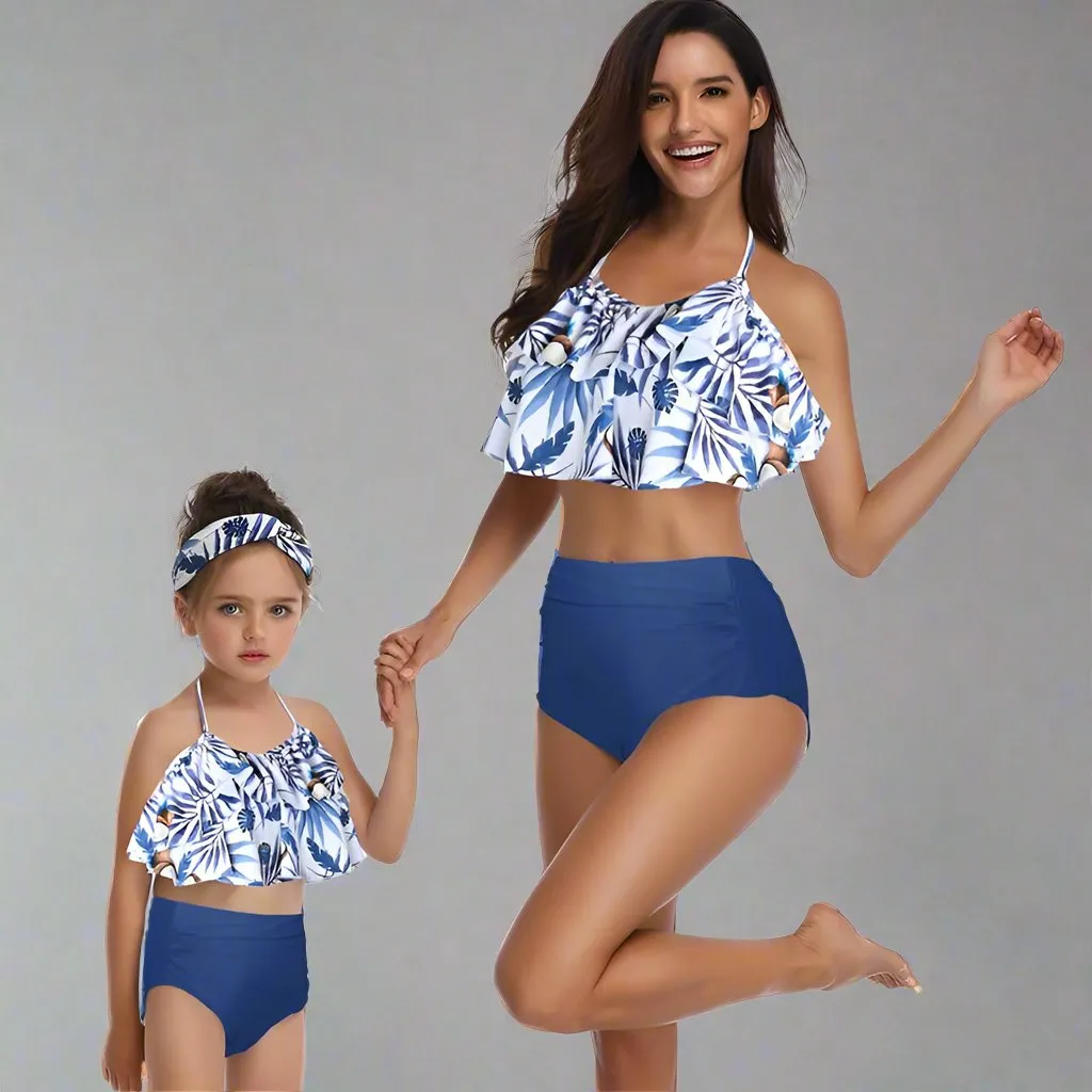 Matching Mother-Daughter Tropical Leaf Ruffle Bikini Set - High-Waisted Swimsuit with Headband