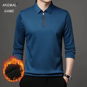 Men's Long Sleeve Zipper Polo Shirt with Turn-Down Collar
