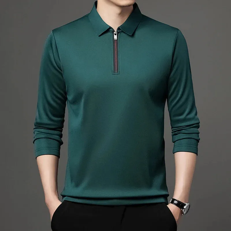 Men's Long Sleeve Zipper Polo Shirt with Turn-Down Collar