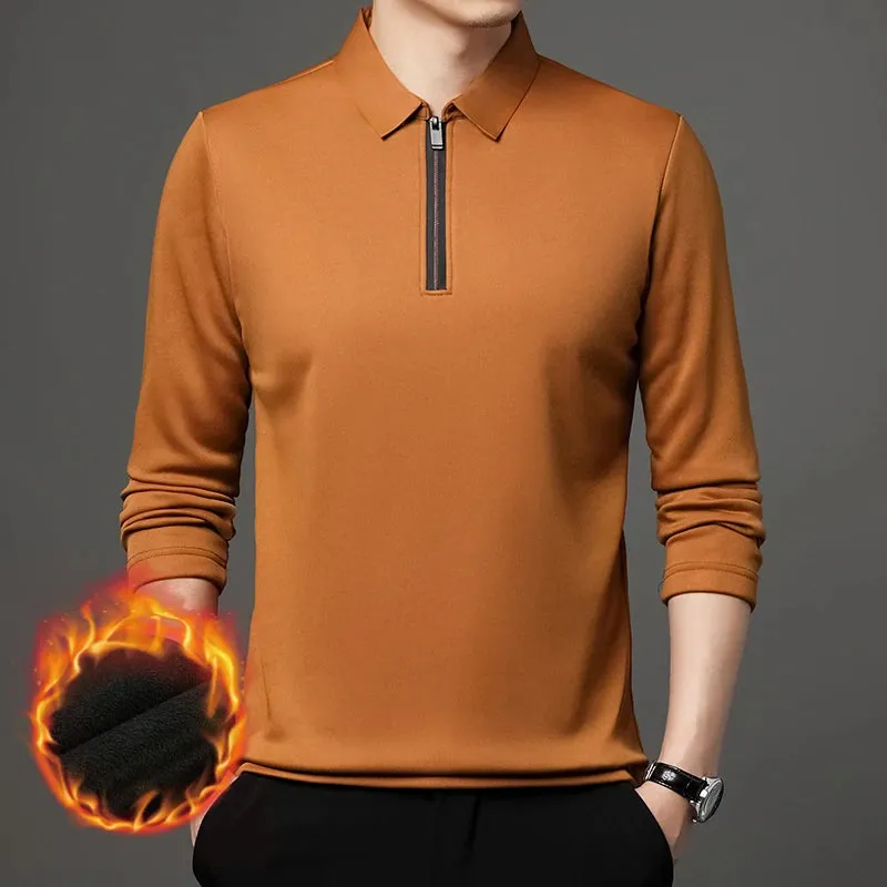 Men's Long Sleeve Zipper Polo Shirt with Turn-Down Collar