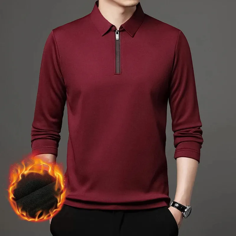 Men's Long Sleeve Zipper Polo Shirt with Turn-Down Collar