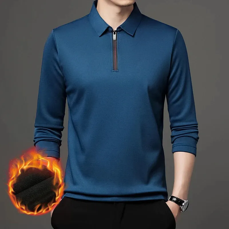 Men's Long Sleeve Zipper Polo Shirt with Turn-Down Collar