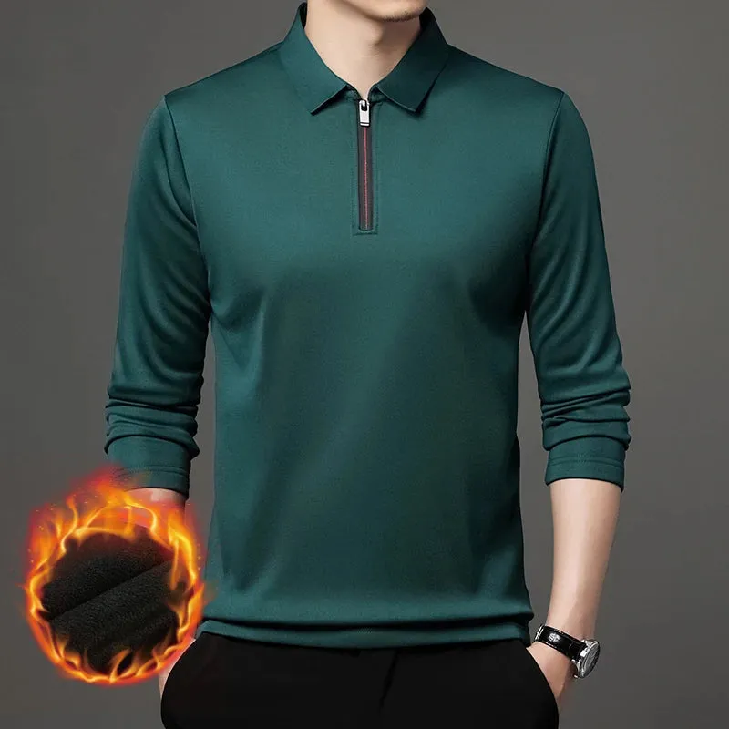 Men's Long Sleeve Zipper Polo Shirt with Turn-Down Collar