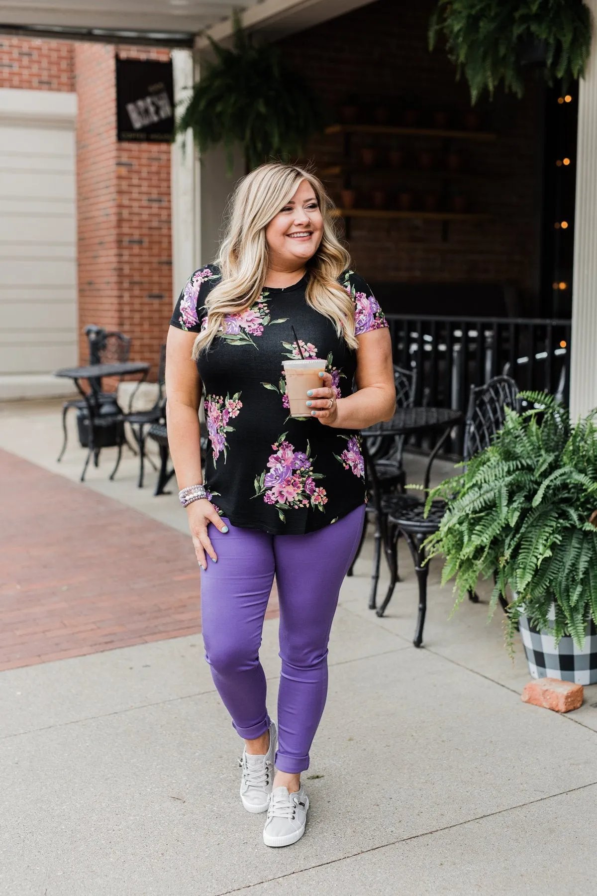 Midnight Blossoms Short Sleeve Floral Top- Black