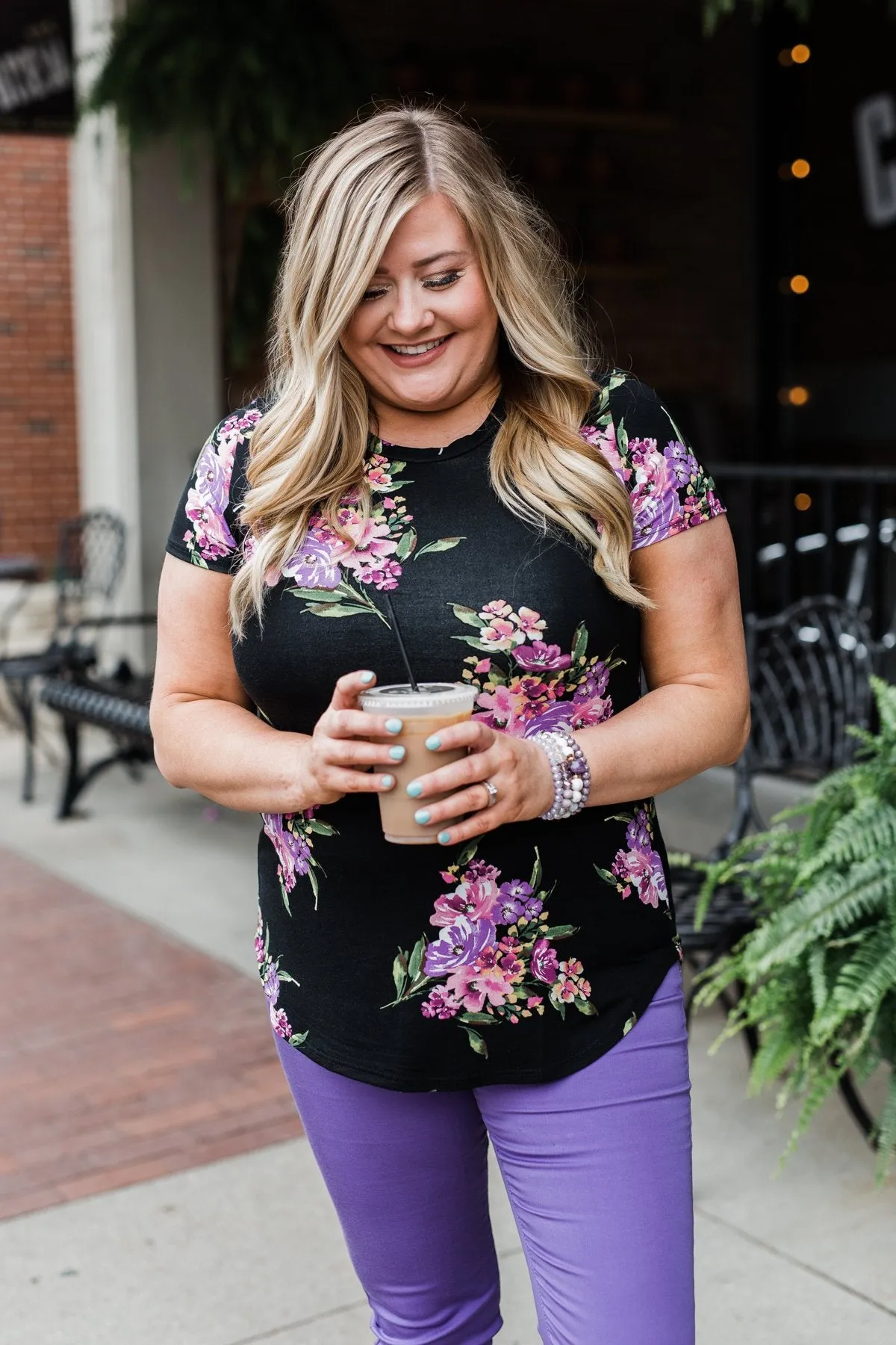 Midnight Blossoms Short Sleeve Floral Top- Black