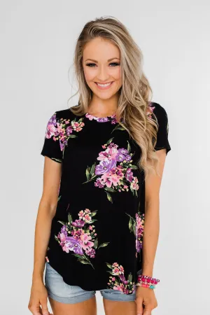 Midnight Blossoms Short Sleeve Floral Top- Black