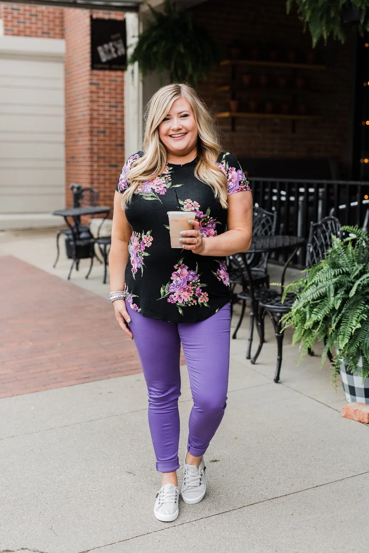 Midnight Blossoms Short Sleeve Floral Top- Black