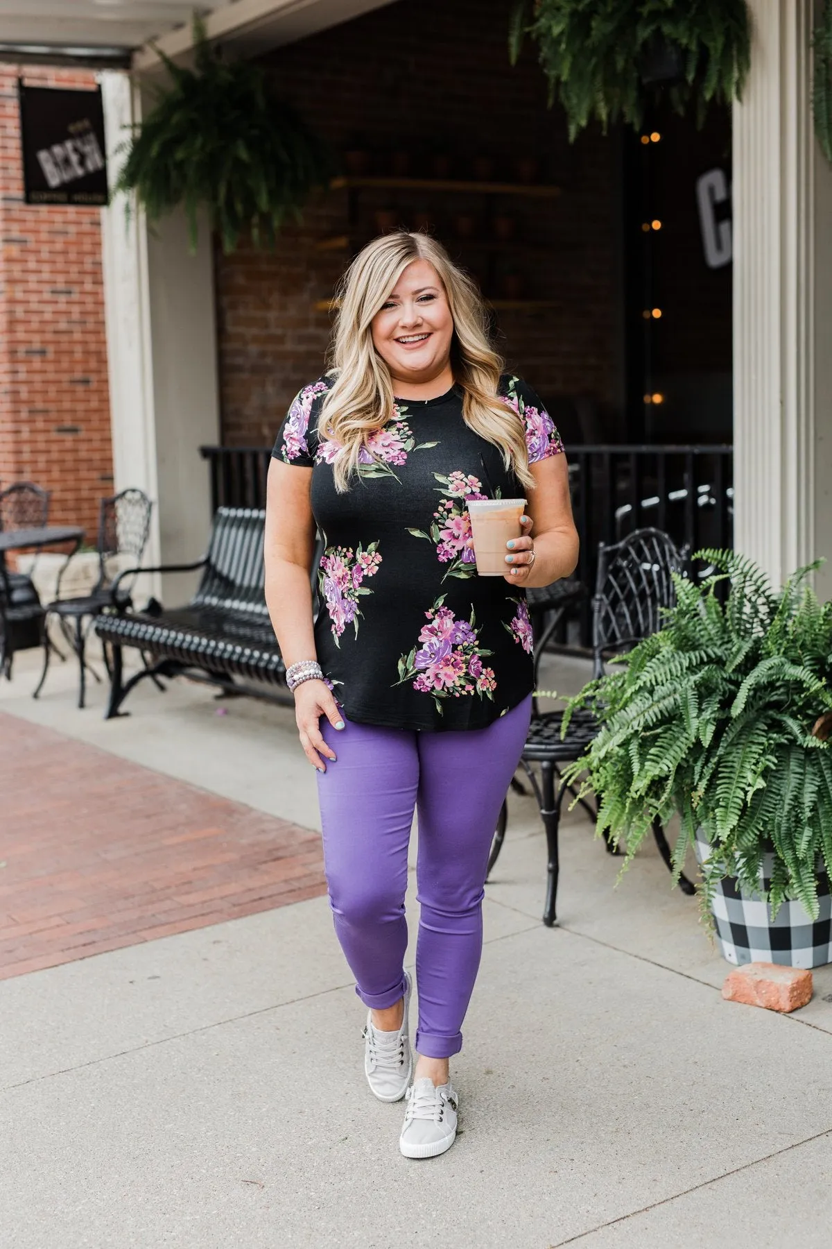 Midnight Blossoms Short Sleeve Floral Top- Black