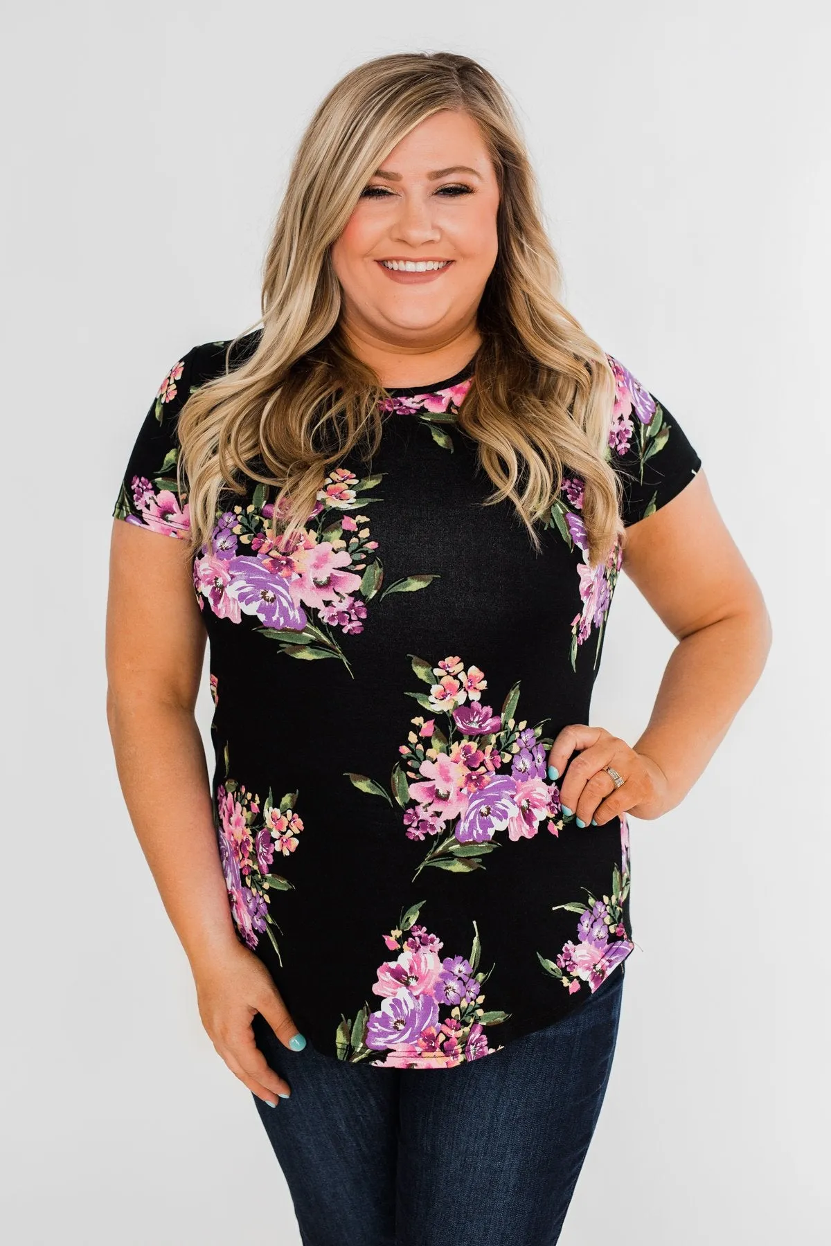 Midnight Blossoms Short Sleeve Floral Top- Black