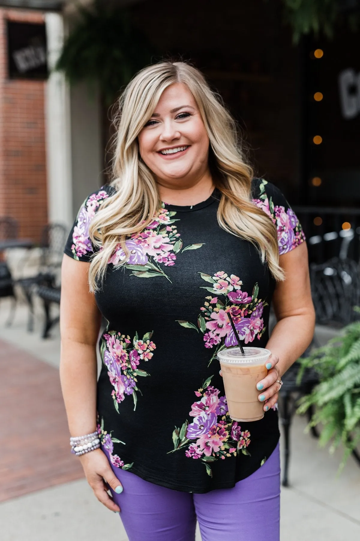 Midnight Blossoms Short Sleeve Floral Top- Black