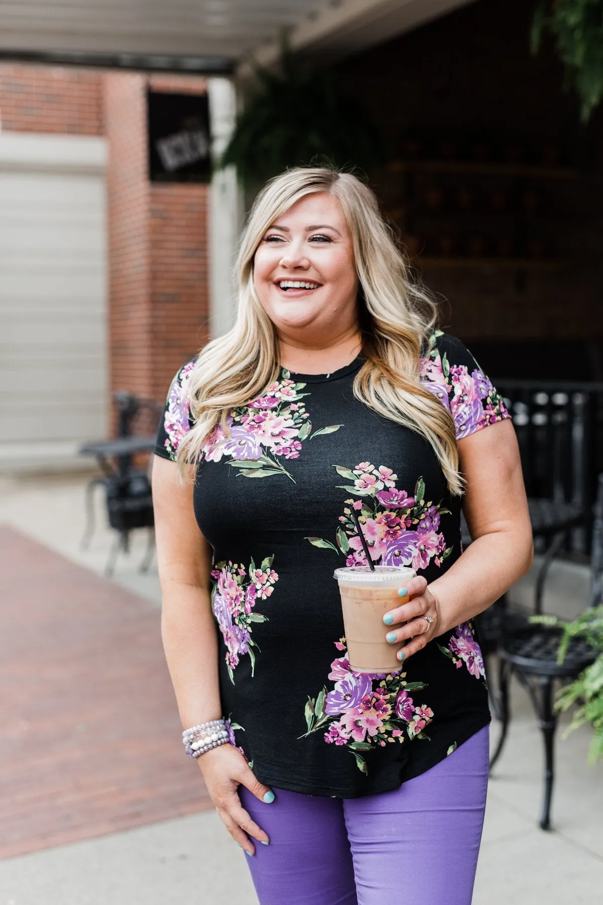Midnight Blossoms Short Sleeve Floral Top- Black