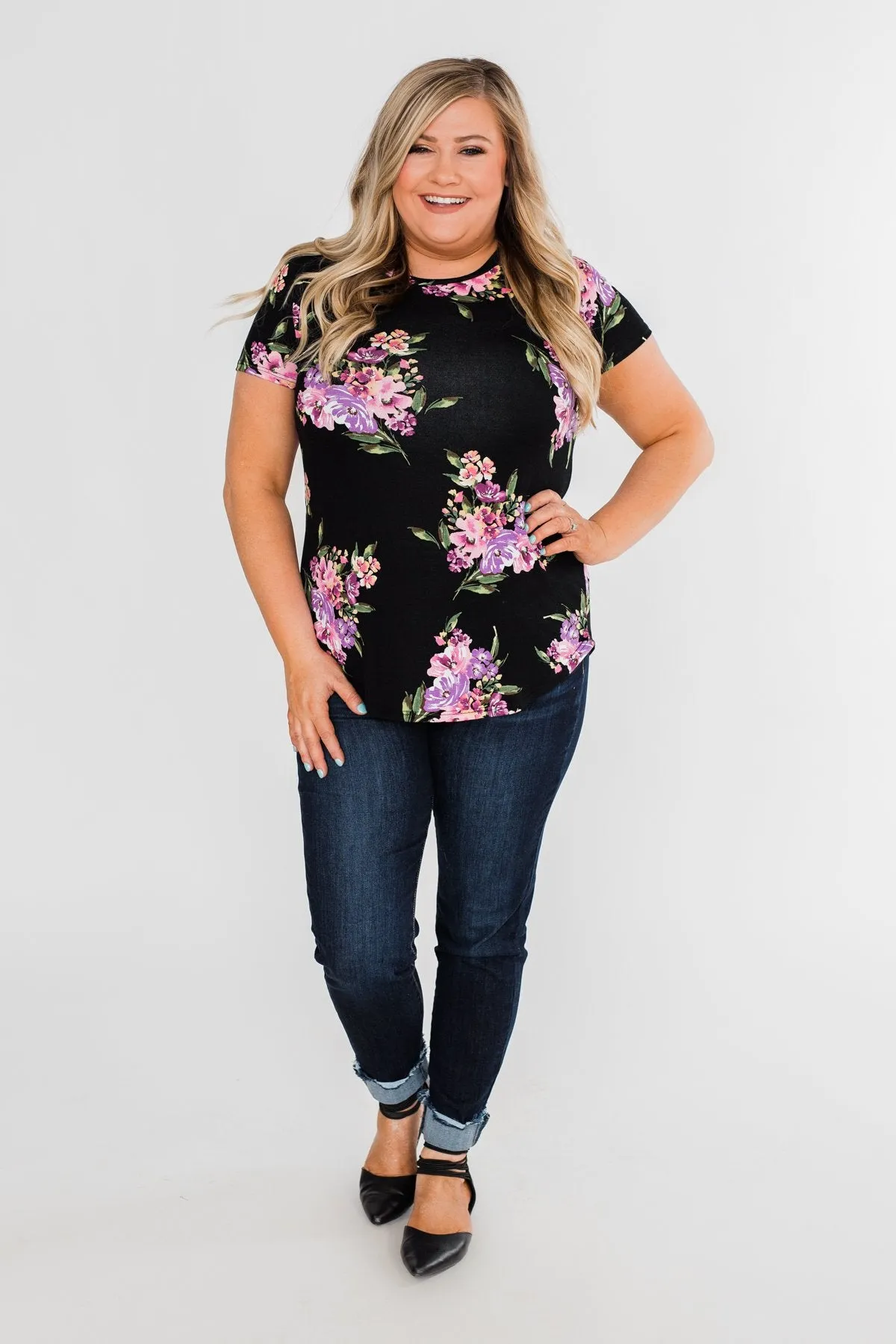 Midnight Blossoms Short Sleeve Floral Top- Black