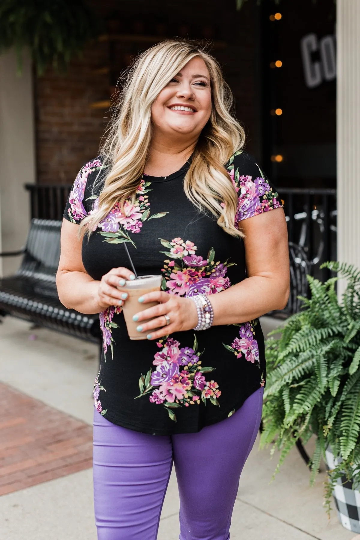 Midnight Blossoms Short Sleeve Floral Top- Black