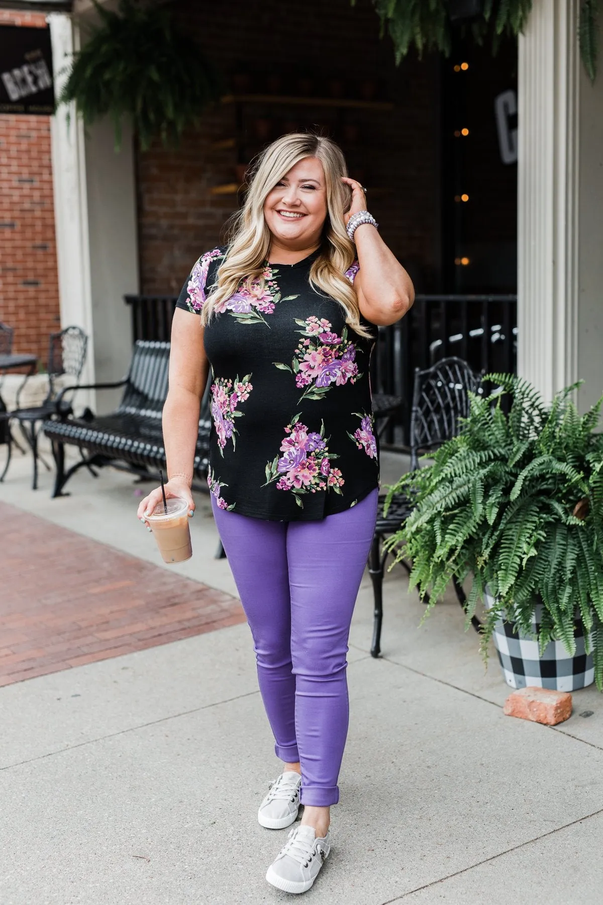 Midnight Blossoms Short Sleeve Floral Top- Black
