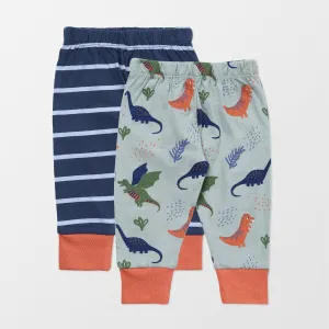 Multicoloured Dinosaur And Stripe Print Leggings - 2 Pack