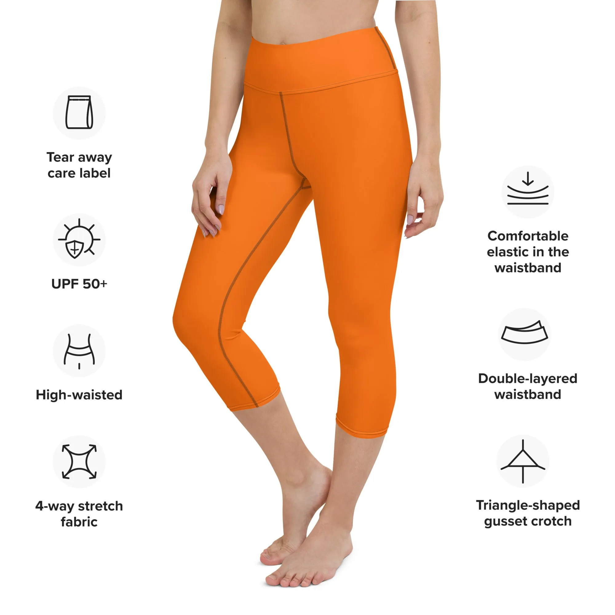 Neon Orange Solid High-waist Yoga Capri Leggings