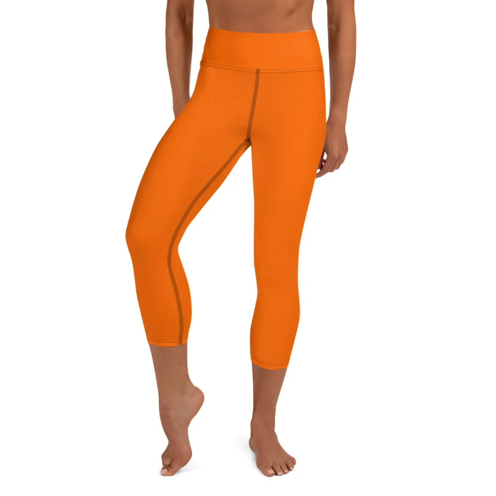 Neon Orange Solid High-waist Yoga Capri Leggings