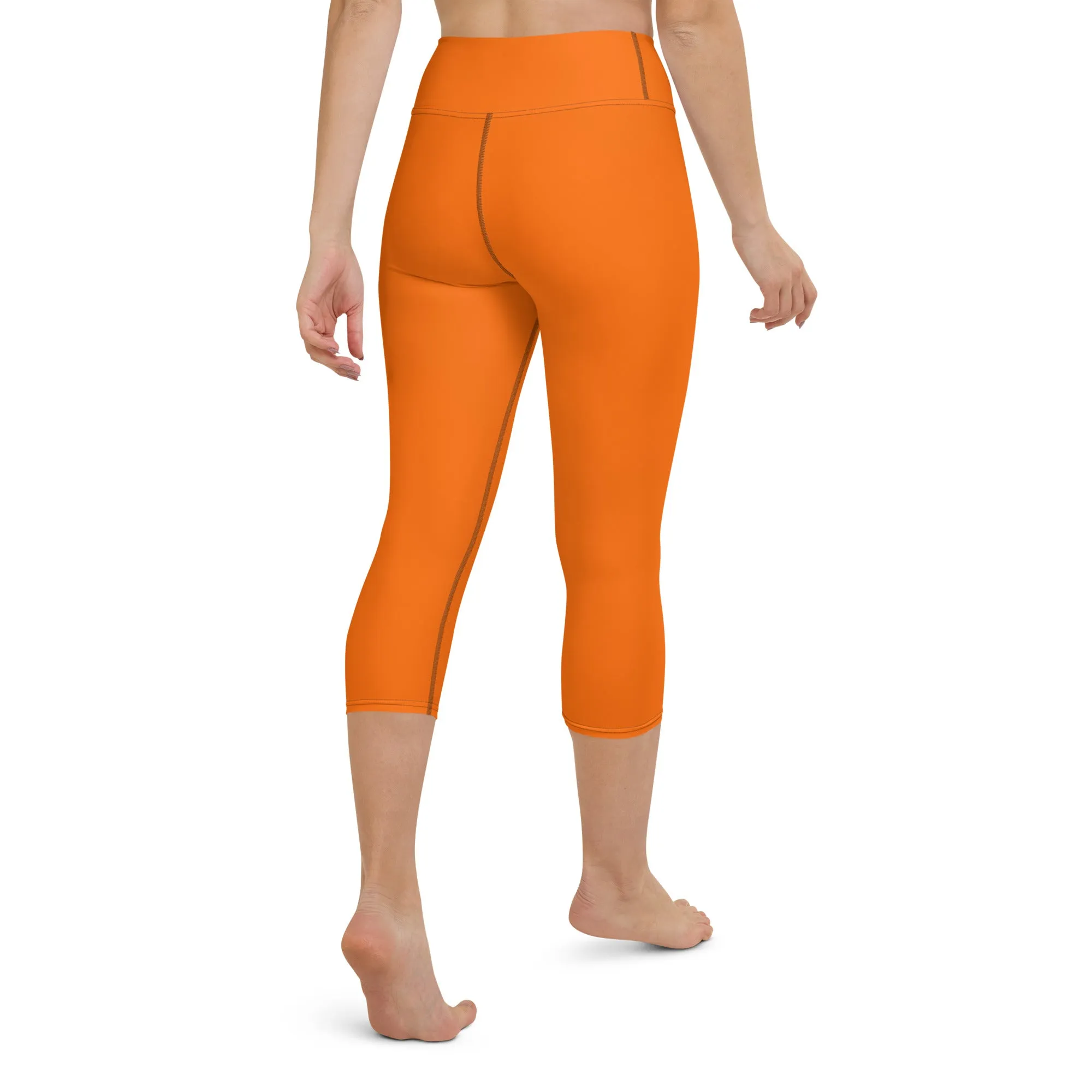 Neon Orange Solid High-waist Yoga Capri Leggings