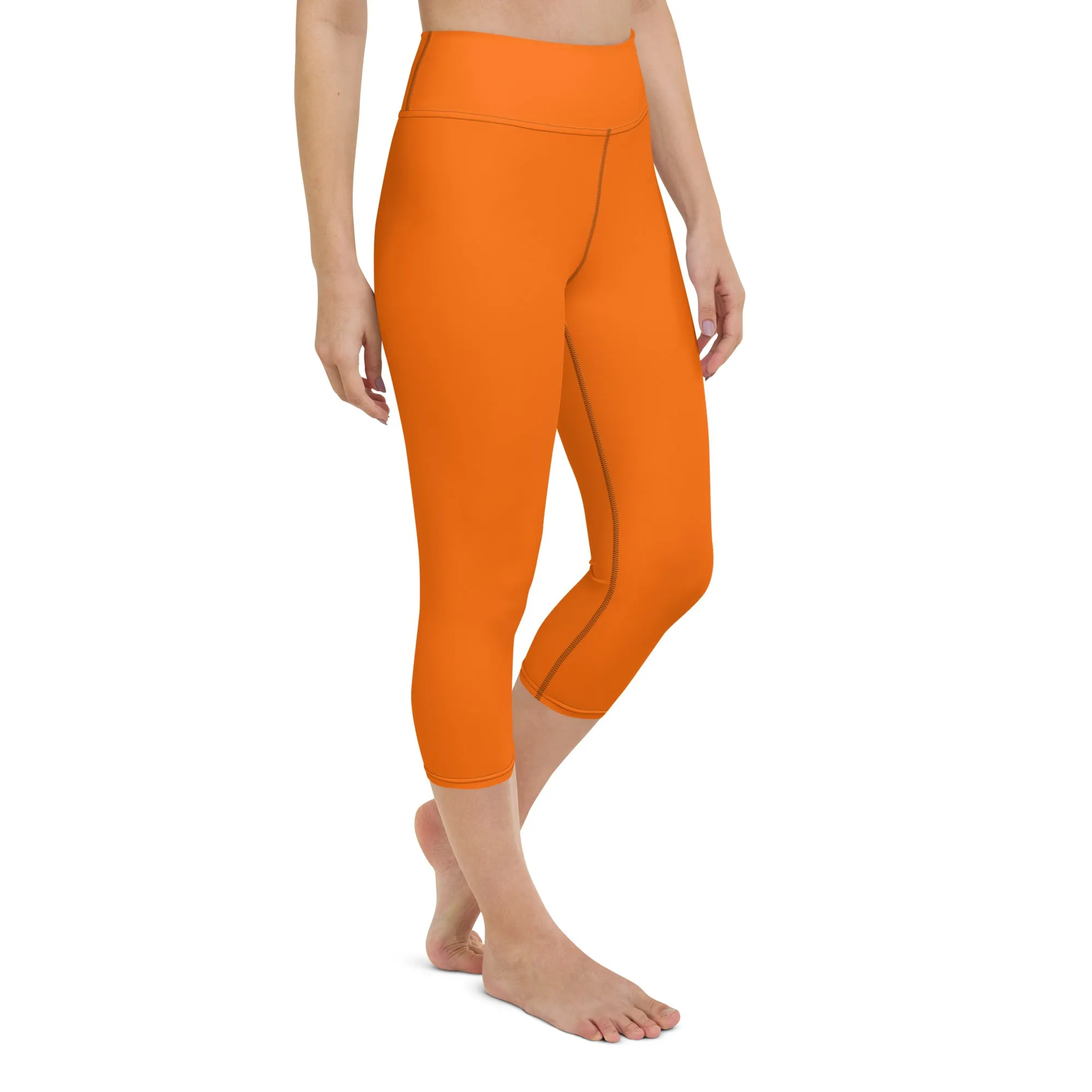 Neon Orange Solid High-waist Yoga Capri Leggings