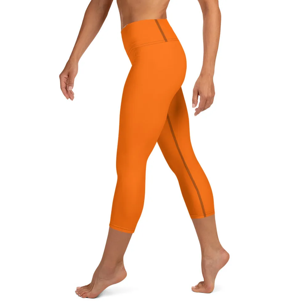 Neon Orange Solid High-waist Yoga Capri Leggings