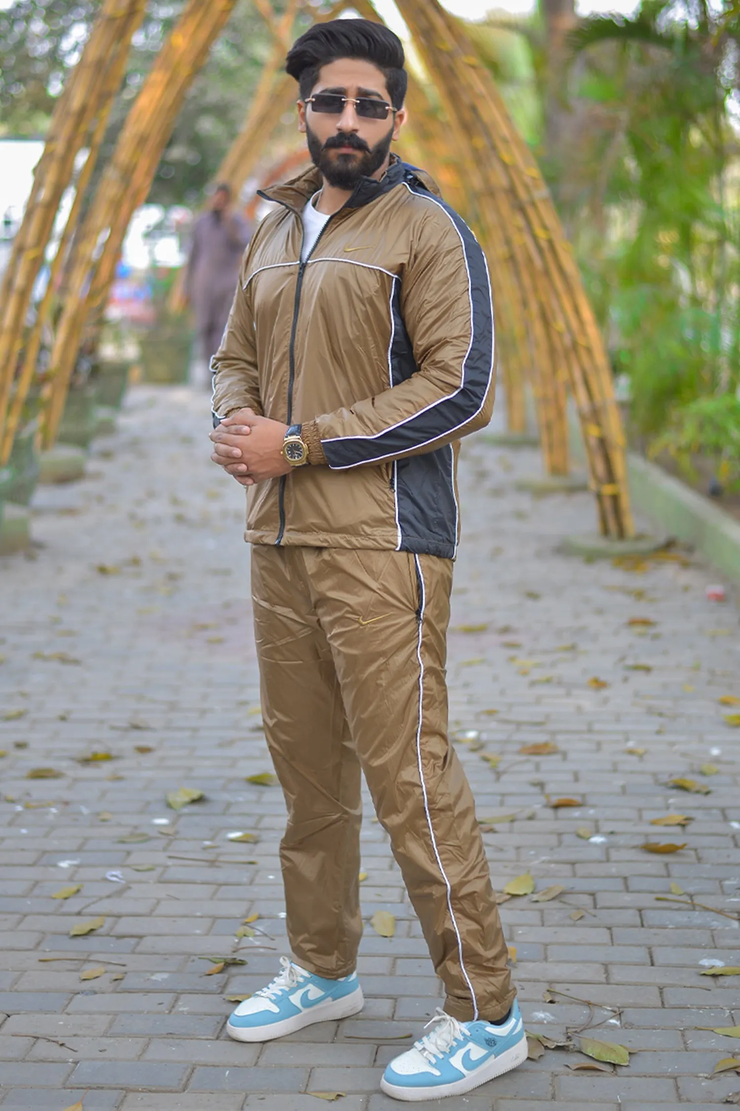 Nke Hooded Premium Sportswear Men Zipper Tracksuit Golden