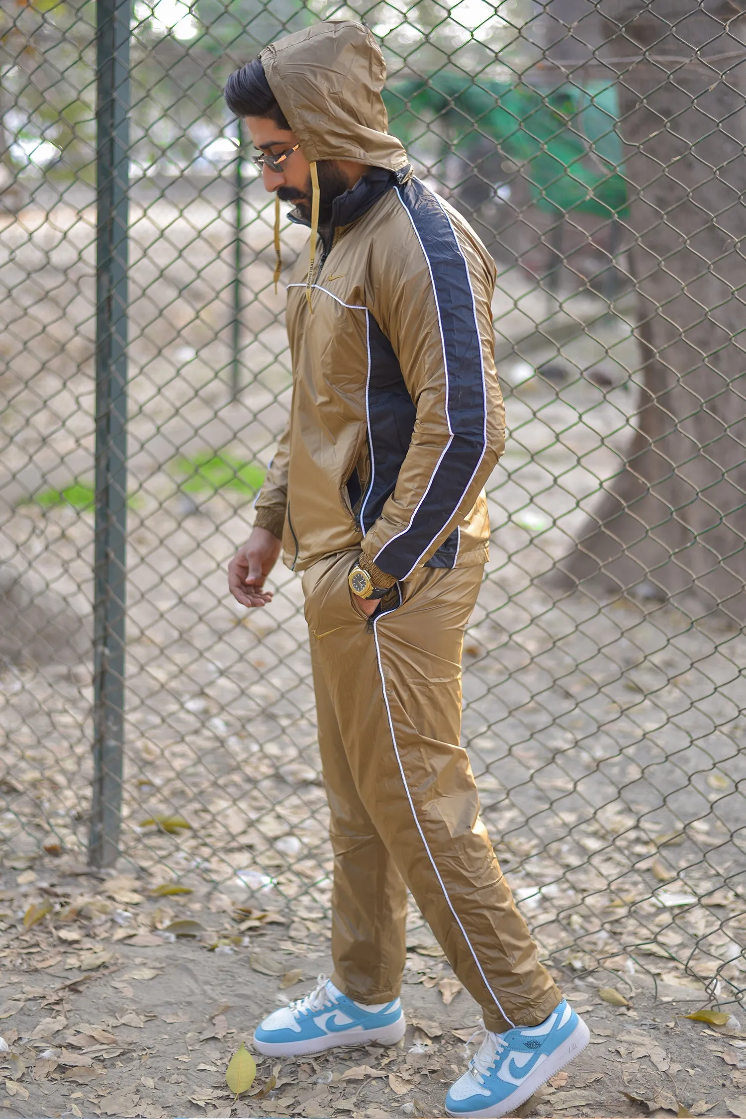 Nke Hooded Premium Sportswear Men Zipper Tracksuit Golden