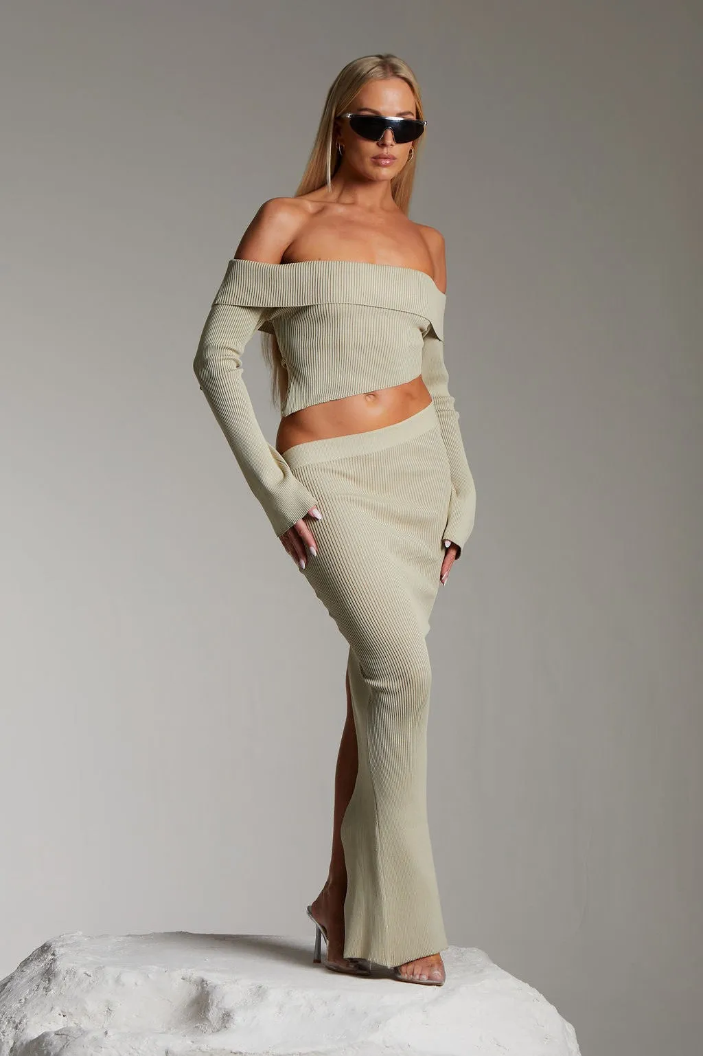 OFF SHOULDER ASYMMETRIC RIBBED TOP IN SAGE