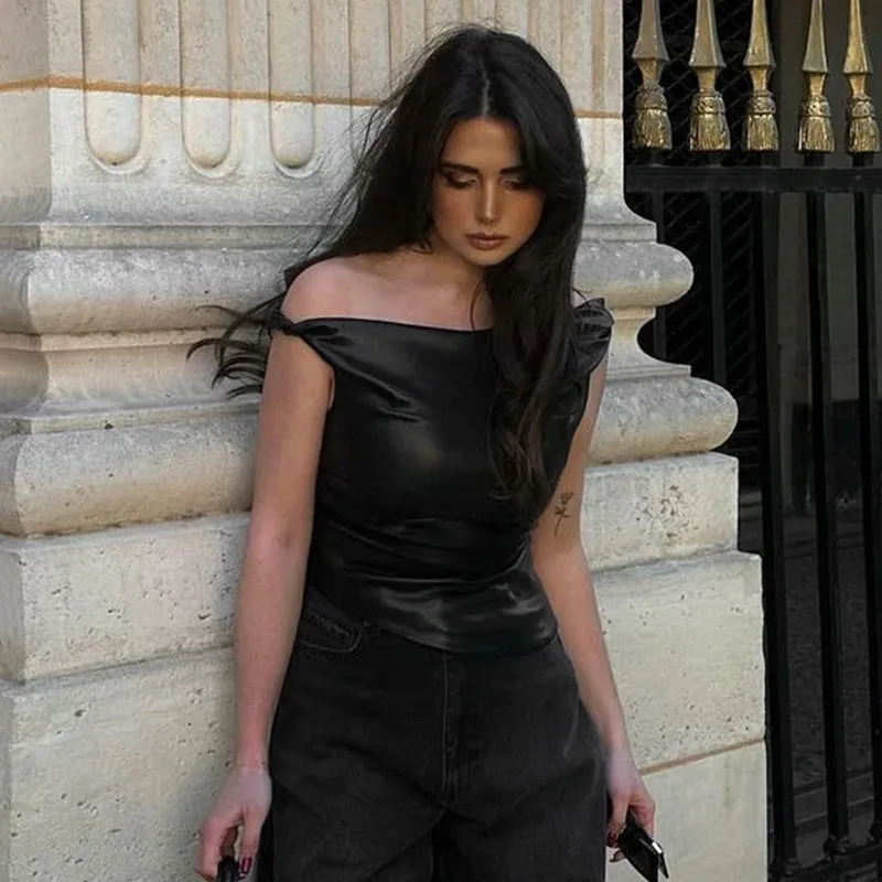 Off Shoulder Twist Leather Look Top
