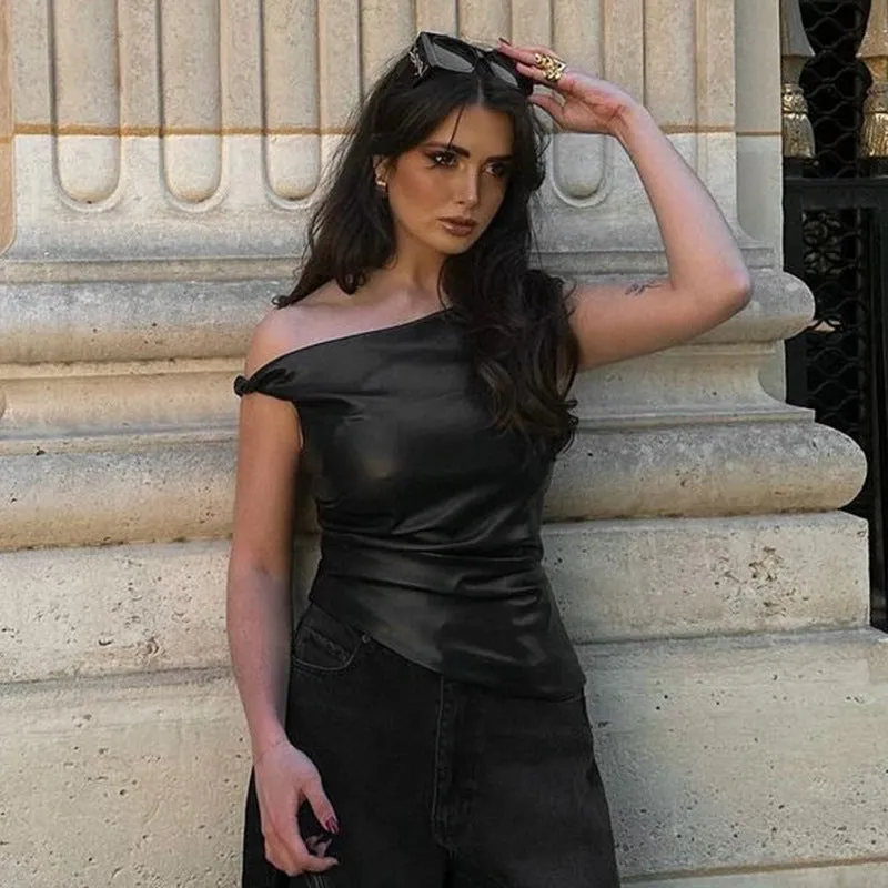 Off Shoulder Twist Leather Look Top
